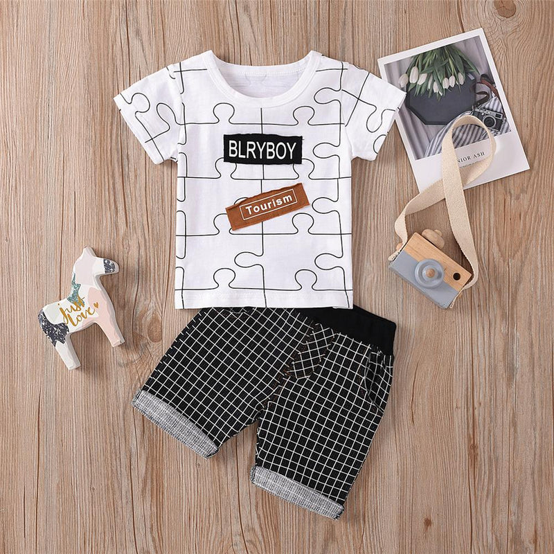 Boys Short Sleeve Pattern Puzzle Letter Printed Top & Plaid Shorts Boys Summer Outfits - PrettyKid
