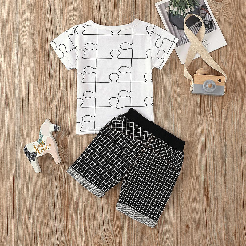 Boys Short Sleeve Pattern Puzzle Letter Printed Top & Plaid Shorts Boys Summer Outfits - PrettyKid
