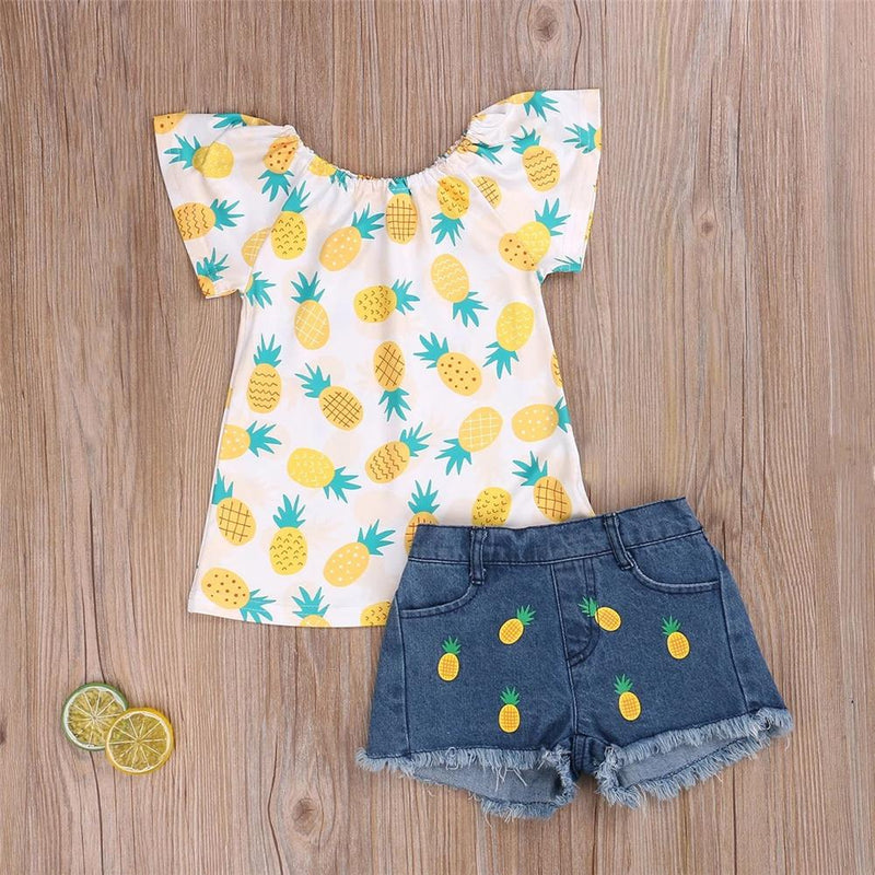 Girls Short Sleeve Pineapple Printed Top & Denim Shorts Girls clothes Wholesalers - PrettyKid