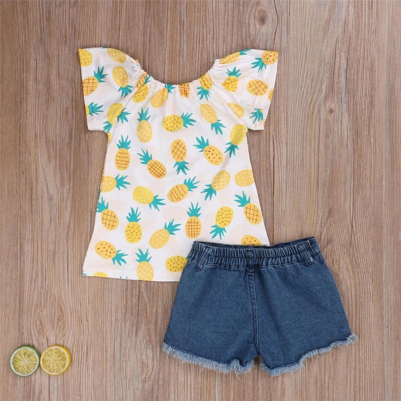 Girls Short Sleeve Pineapple Printed Top & Denim Shorts Girls clothes Wholesalers - PrettyKid