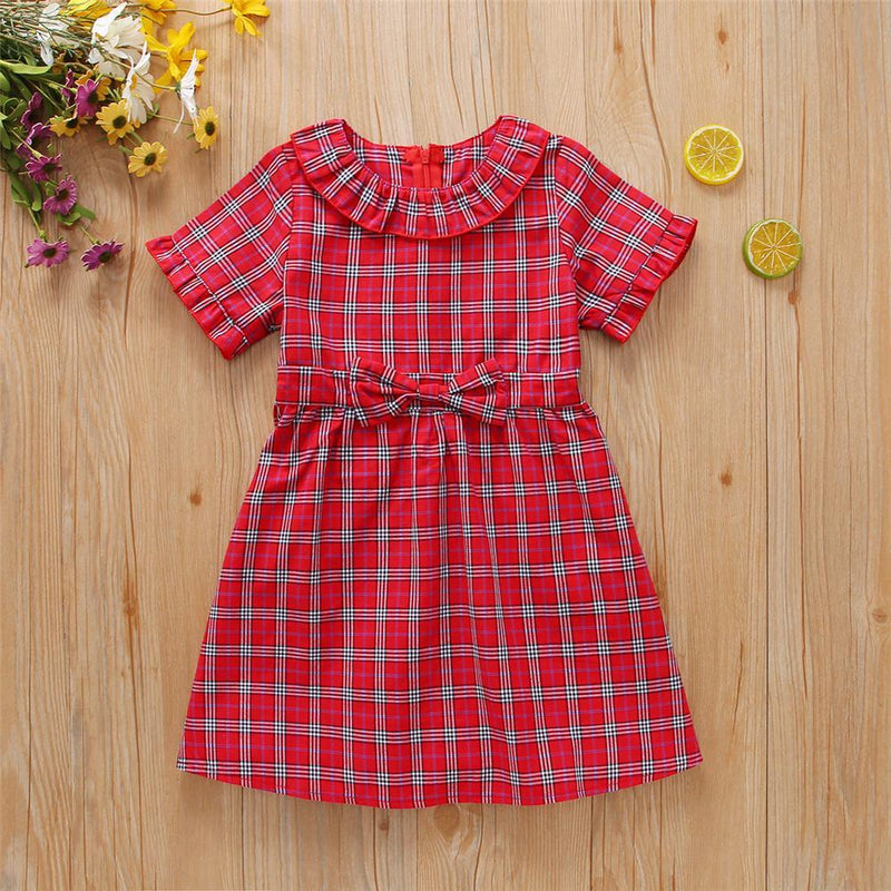 Girls Short Sleeve Plaid Bow Decor Dress Girls clothes Wholesalers - PrettyKid
