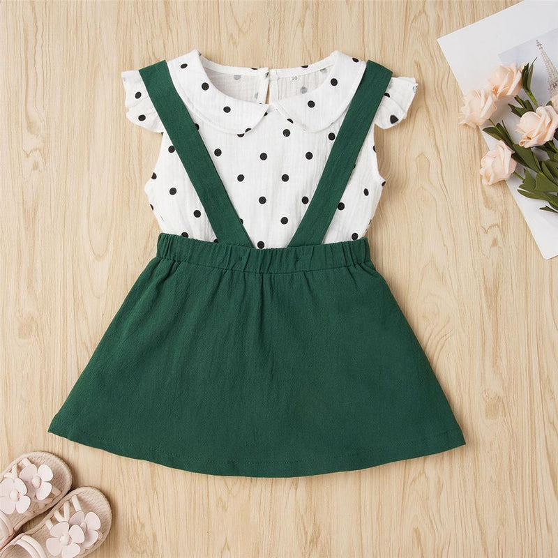 Girls Short Sleeve Polka Dot Doll Collar Top & Green Suspender Skirt Girl Boutique clothes Wholesale - PrettyKid