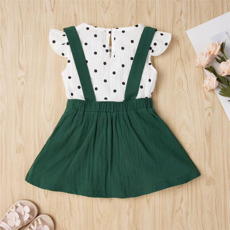 Girls Short Sleeve Polka Dot Doll Collar Top & Green Suspender Skirt Girl Boutique clothes Wholesale - PrettyKid
