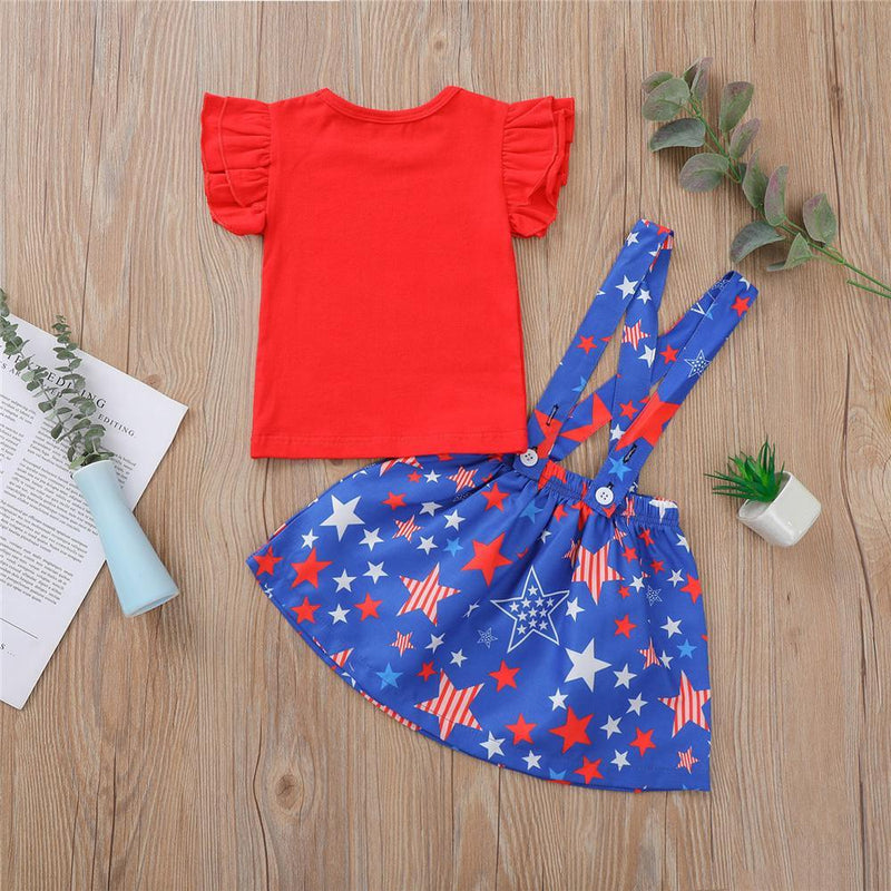 Toddler Girls Short Sleeve Red Top & Star Printed Suspender Skirt children's boutique wholesale suppliers - PrettyKid