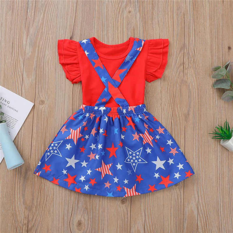 Toddler Girls Short Sleeve Red Top & Star Printed Suspender Skirt children's boutique wholesale suppliers - PrettyKid