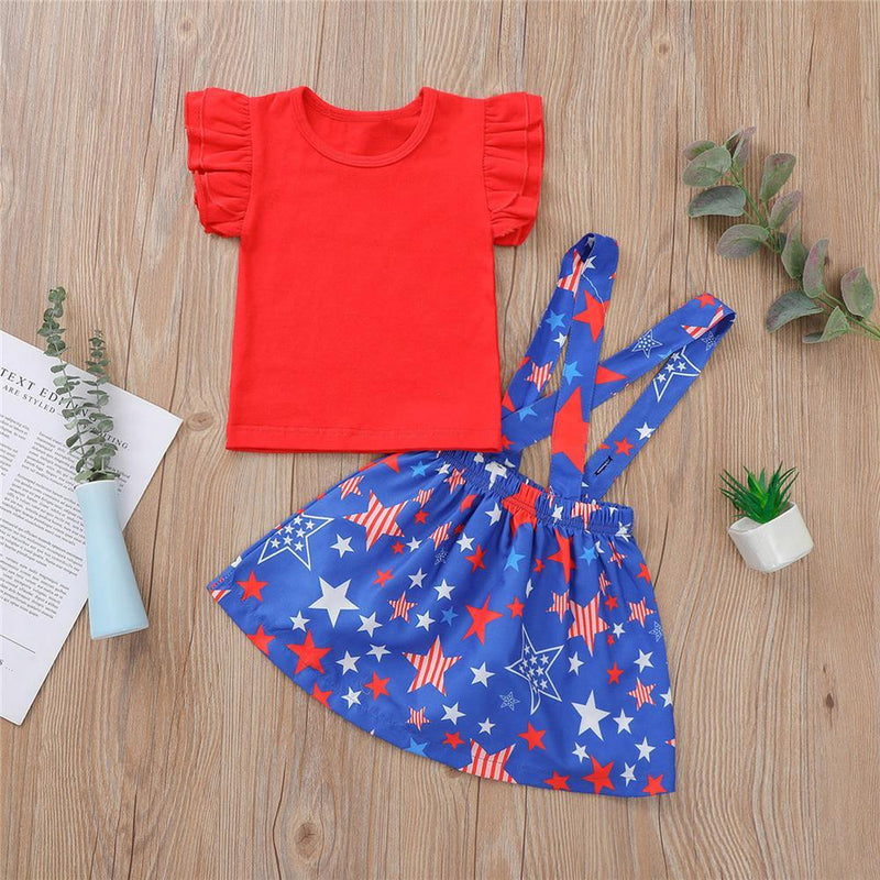 Toddler Girls Short Sleeve Red Top & Star Printed Suspender Skirt children's boutique wholesale suppliers - PrettyKid