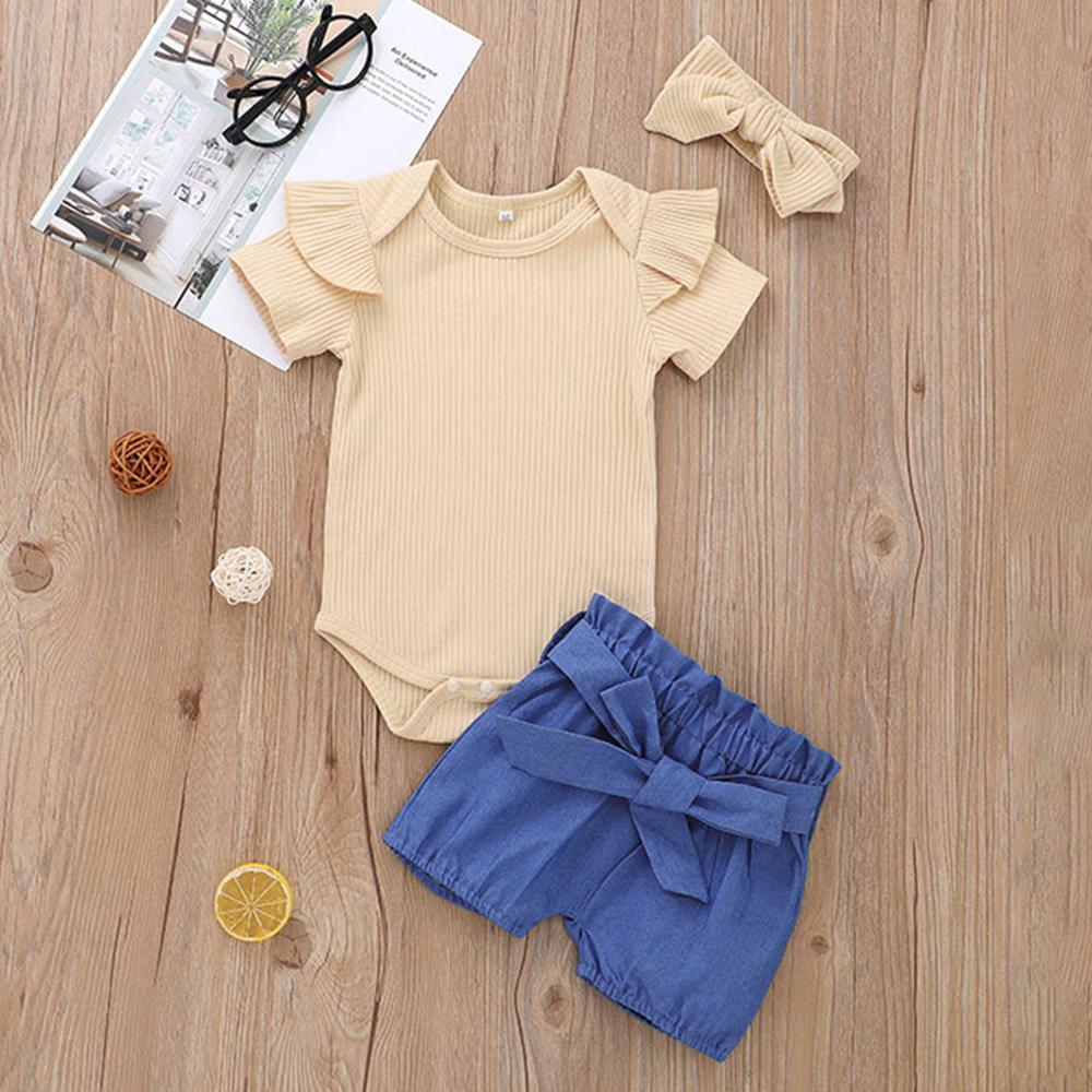 Baby Girls Short Sleeve Romper Solid Shorts & Headband wholesale baby outfits - PrettyKid