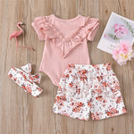 Baby Girls Short Sleeve Romper & Floral Shorts & Headband Baby Clothes Suppliers - PrettyKid