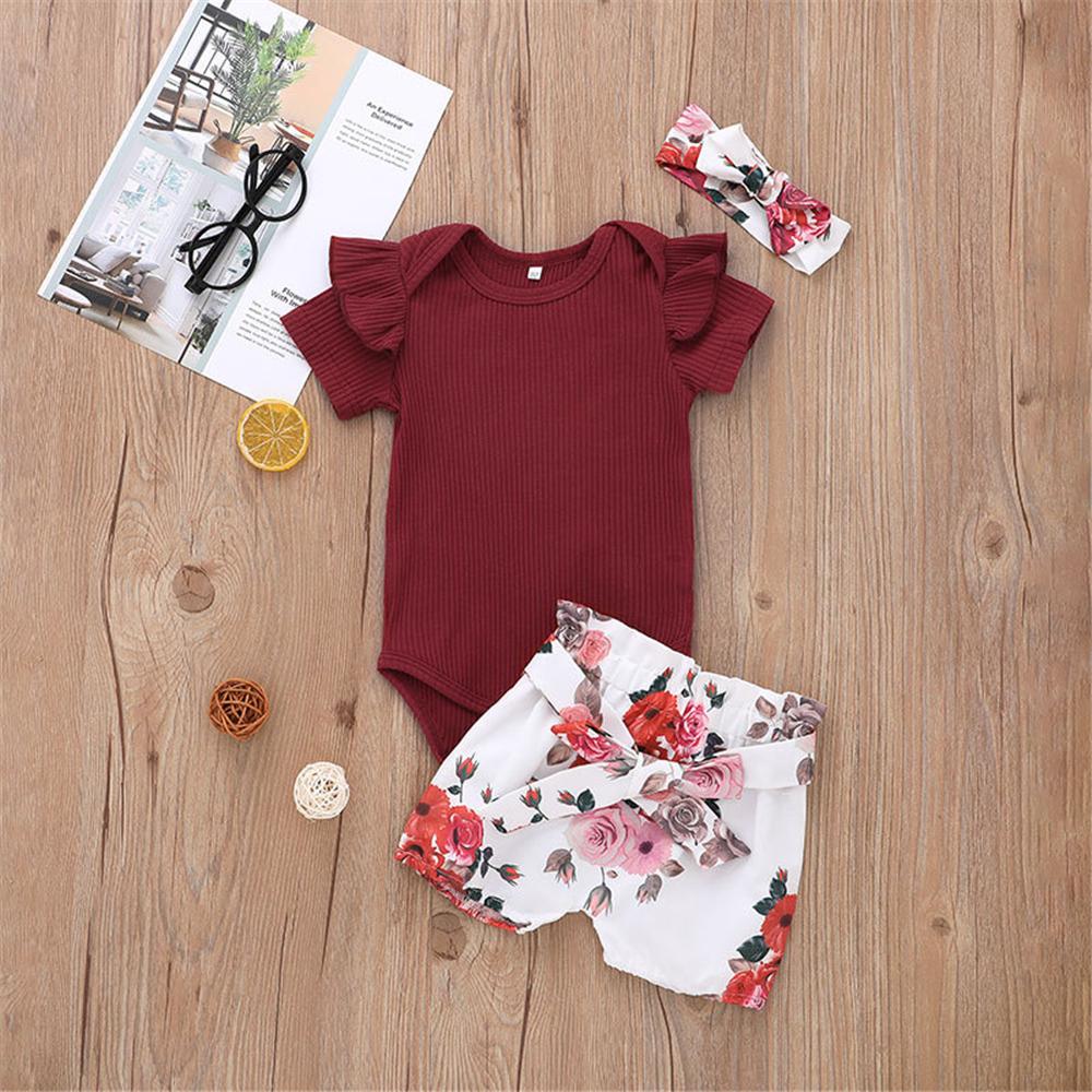 Baby Girls Short Sleeve Romper & Floral Shorts & Headband wholesale baby wear - PrettyKid