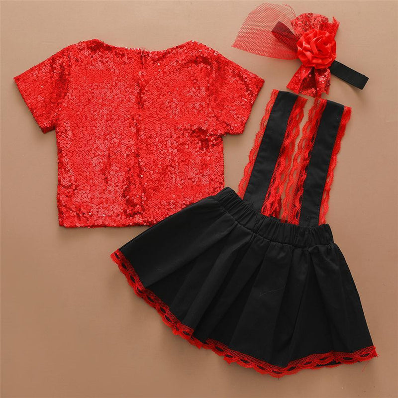 Girls Short Sleeve Sequin Top & Suspender Skirt Cheap Childrens clothing Wholesale - PrettyKid