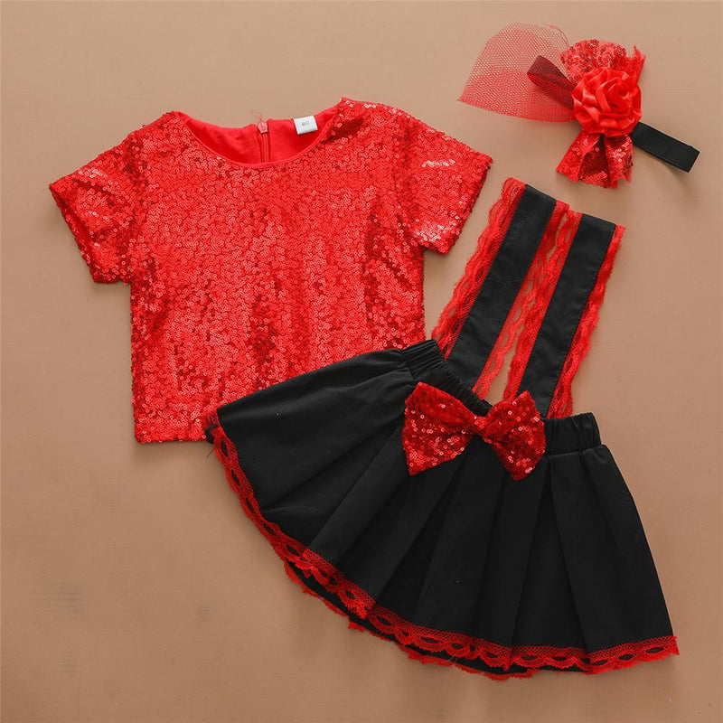 Girls Short Sleeve Sequin Top & Suspender Skirt Cheap Childrens clothing Wholesale - PrettyKid