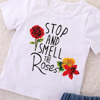Girls Short Sleeve Smell The Rose Printed Top & Ripped Denim Skirt Girls Clothing Wholesale - PrettyKid
