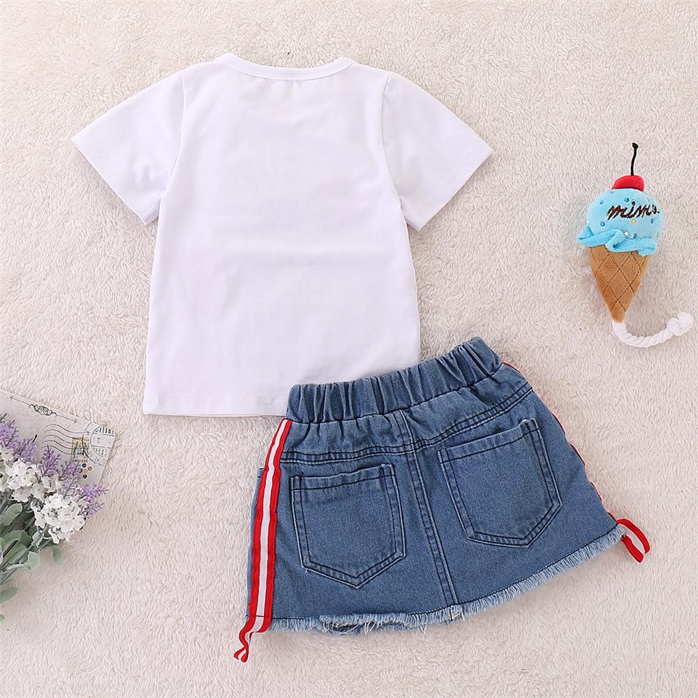 Girls Short Sleeve Smell The Rose Printed Top & Ripped Denim Skirt Girls Clothing Wholesale - PrettyKid