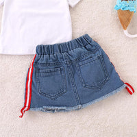 Girls Short Sleeve Smell The Rose Printed Top & Ripped Denim Skirt Girls Clothing Wholesale - PrettyKid