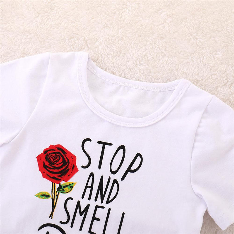 Girls Short Sleeve Smell The Rose Printed Top & Ripped Denim Skirt Girls Clothing Wholesale - PrettyKid