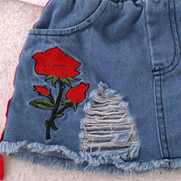 Girls Short Sleeve Smell The Rose Printed Top & Ripped Denim Skirt Girls Clothing Wholesale - PrettyKid