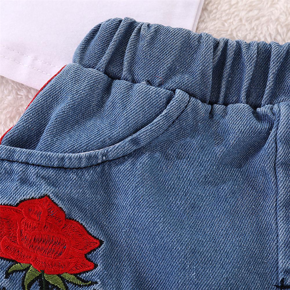 Girls Short Sleeve Smell The Rose Printed Top & Ripped Denim Skirt Girls Clothing Wholesale - PrettyKid