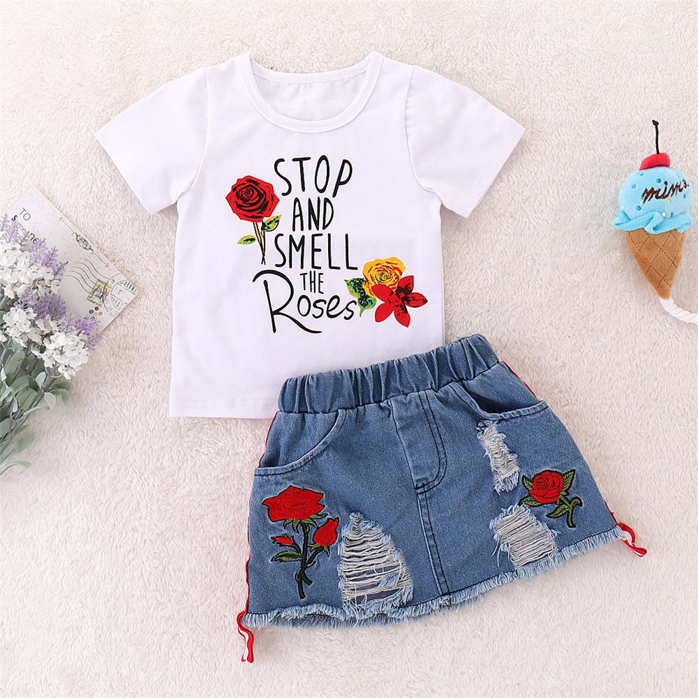 Girls Short Sleeve Smell The Rose Printed Top & Ripped Denim Skirt Girls Clothing Wholesale - PrettyKid