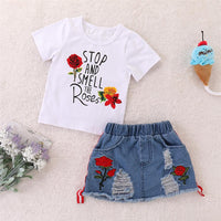 Girls Short Sleeve Smell The Rose Printed Top & Ripped Denim Skirt Girls Clothing Wholesale - PrettyKid
