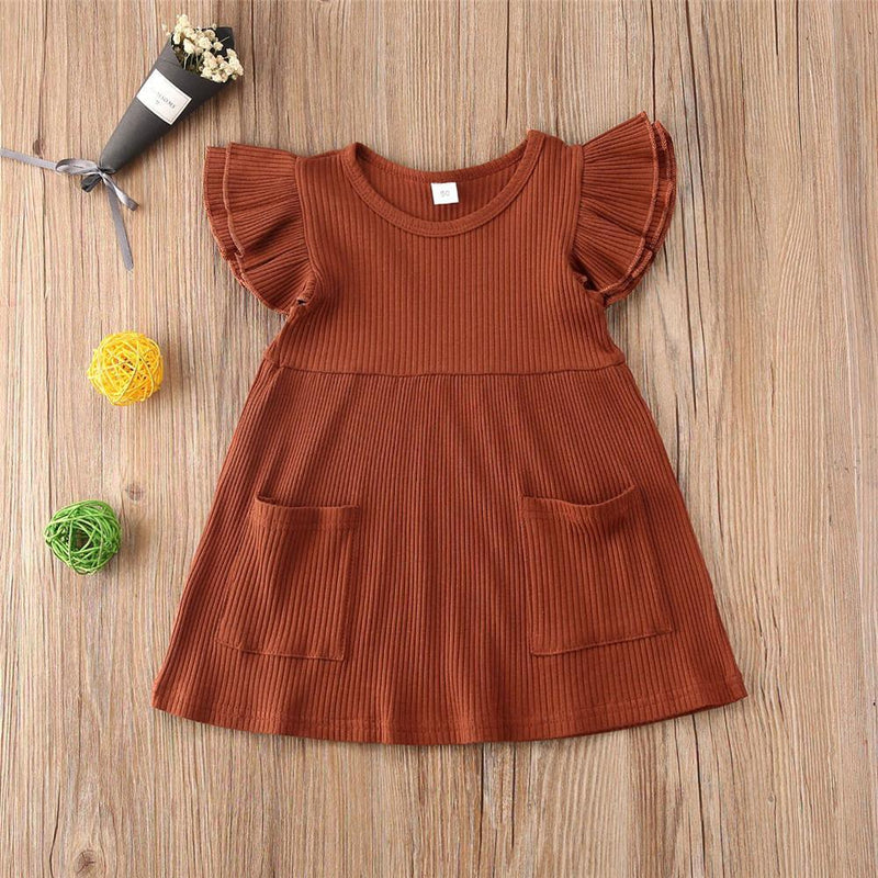 Girls Short Sleeve Solid Color Pocket Dress Girls Wholesale Dresses - PrettyKid