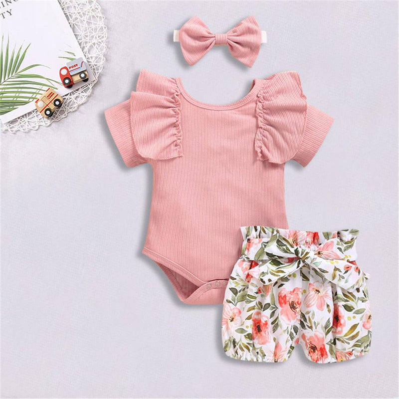 Baby Girls Short Sleeve Solid Color Romper & Shorts & Headband Baby Wholesale clothes vendors - PrettyKid