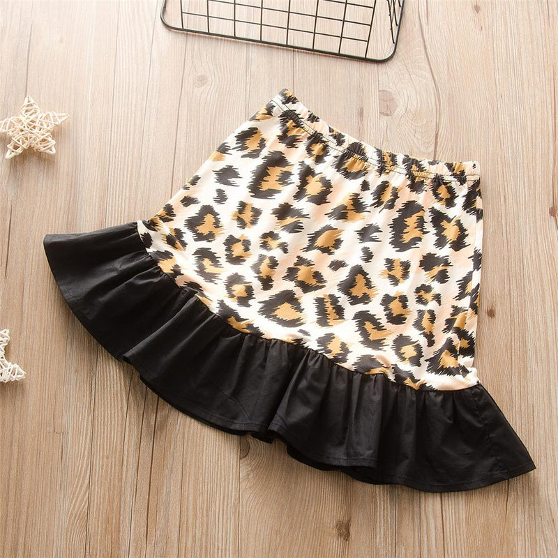 Girls Short Sleeve Solid Color Top & Leopard Skirt Wholesale Girl clothes - PrettyKid