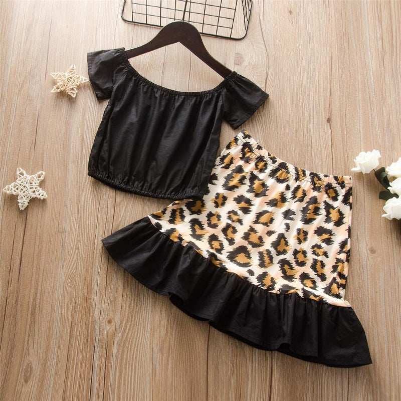 Girls Short Sleeve Solid Color Top & Leopard Skirt Wholesale Girl clothes - PrettyKid