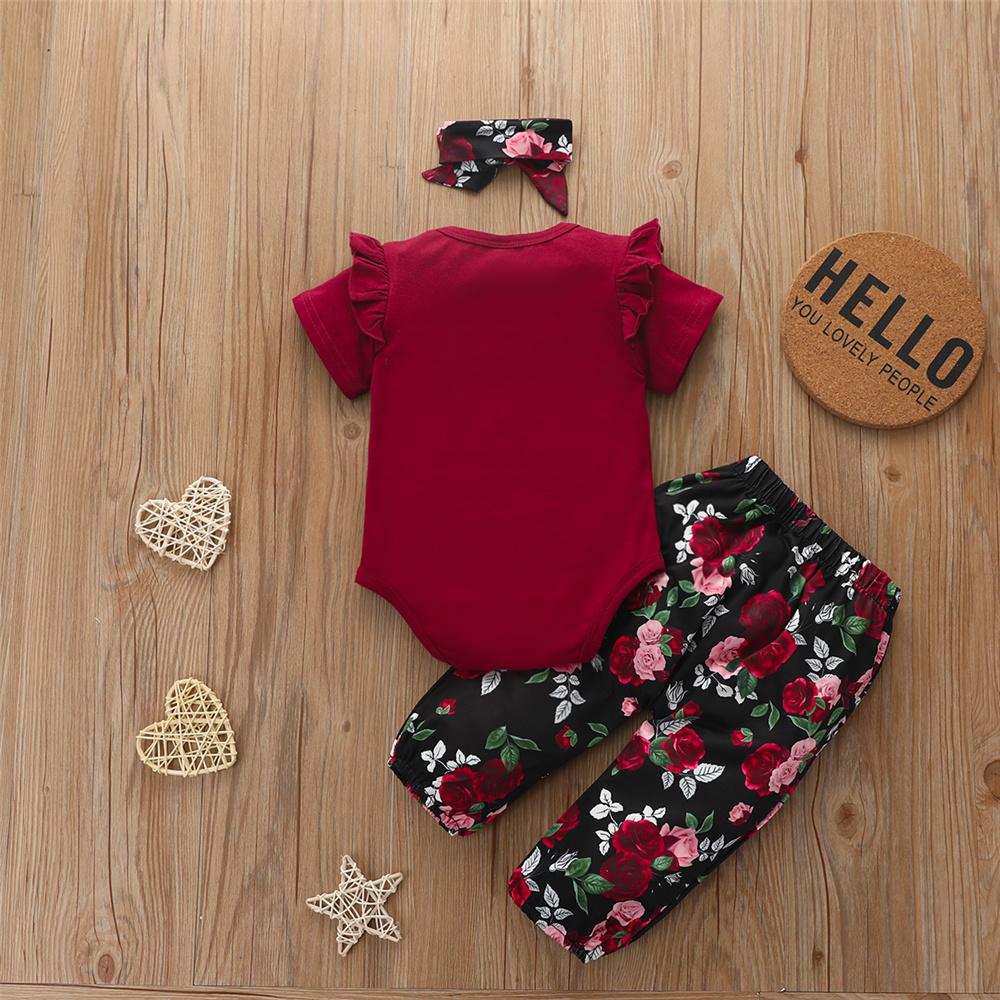 Baby Girls Short Sleeve Solid Crew Neck Romper & Floral Pants & Headband Baby Outfits - PrettyKid