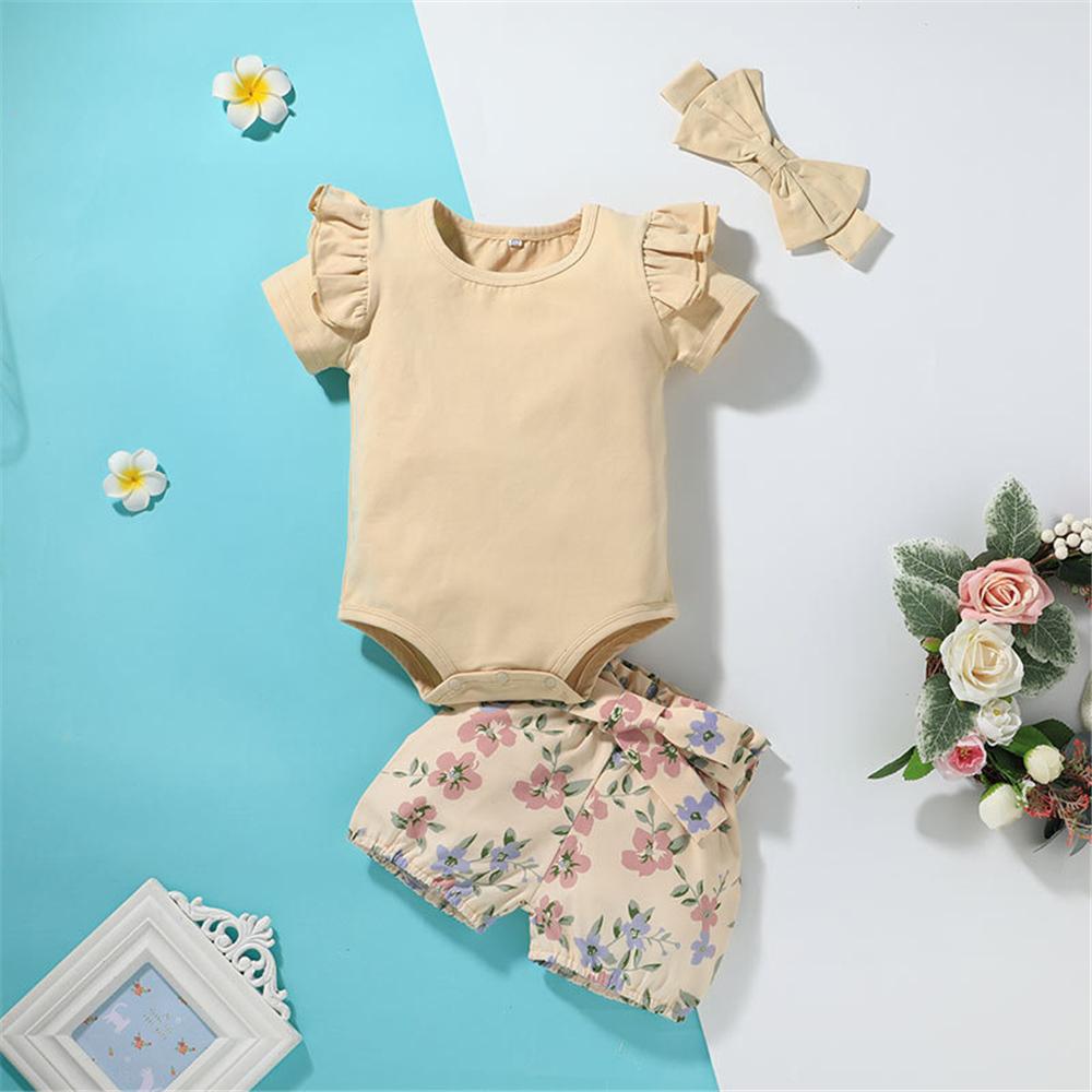 Baby Girls Short Sleeve Solid Romper & Floral Shorts & Headband wholesale baby clothes vendors - PrettyKid