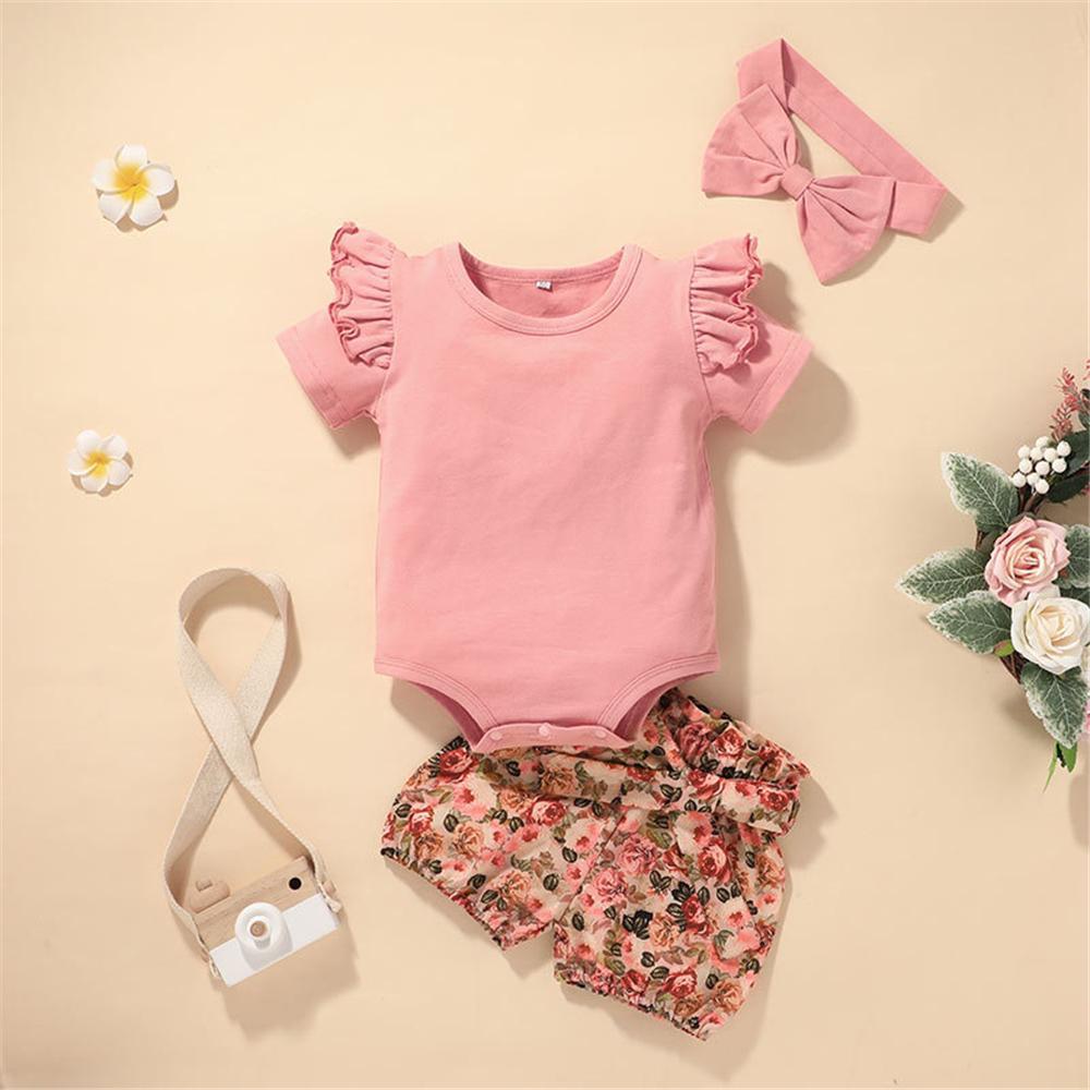 Baby Girls Short Sleeve Solid Romper & Floral Shorts & Headband wholesale baby clothes vendors - PrettyKid