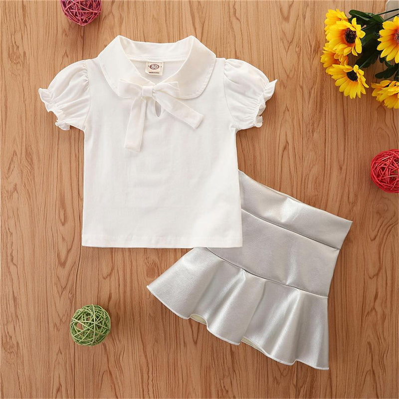 Toddler Girls Short Sleeve Solid Short Sleeve Bow Top & PU Skirt wholesale boy clothing distributors - PrettyKid
