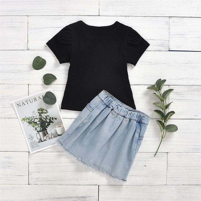 Girls Short Sleeve Solid Tee & Denim Skirt Kids Wholesale clothes - PrettyKid