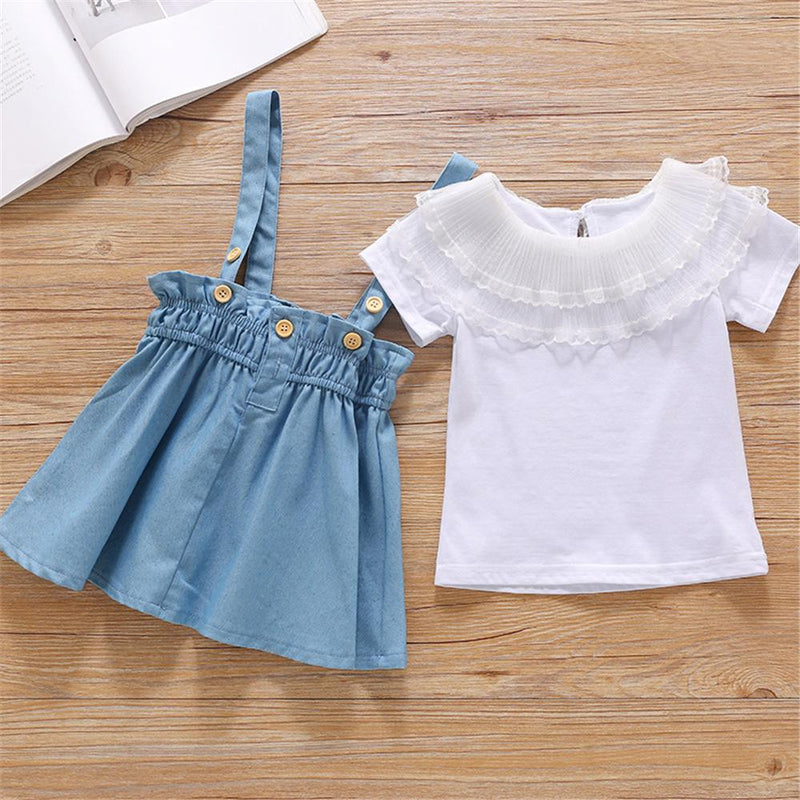 Toddler Girls Short Sleeve Solid Top & Suspender Skirt plain baby clothes wholesale - PrettyKid