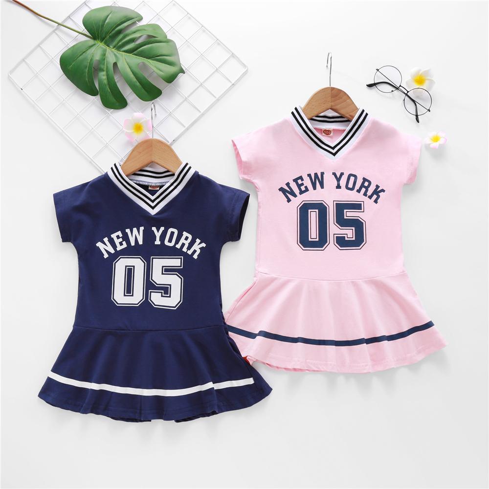 Toddler Girls Short Sleeve Sport Letter Printed Dress spanish wholesale childrens clothing - PrettyKid