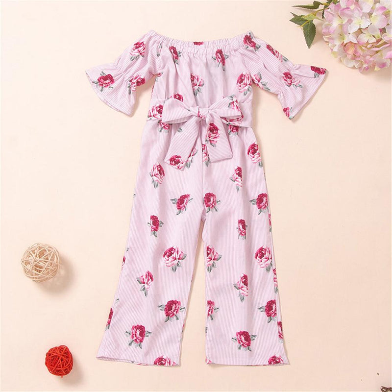 Baby Girls Short Sleeve Striped Floral Printed Off Shoulder Jumpsuit wholesale baby boy clothes - PrettyKid