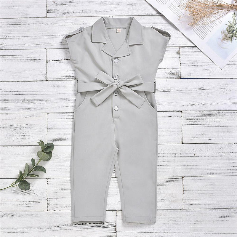 Girls Short Sleeve Suit Collar Solid Jumpsuit Wholesale - PrettyKid