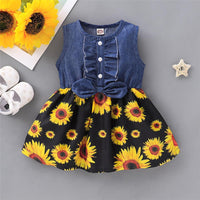 Girls Short Sleeve Sunflower Floral Printed Summer Dress Toddler Girls Wholesale - PrettyKid