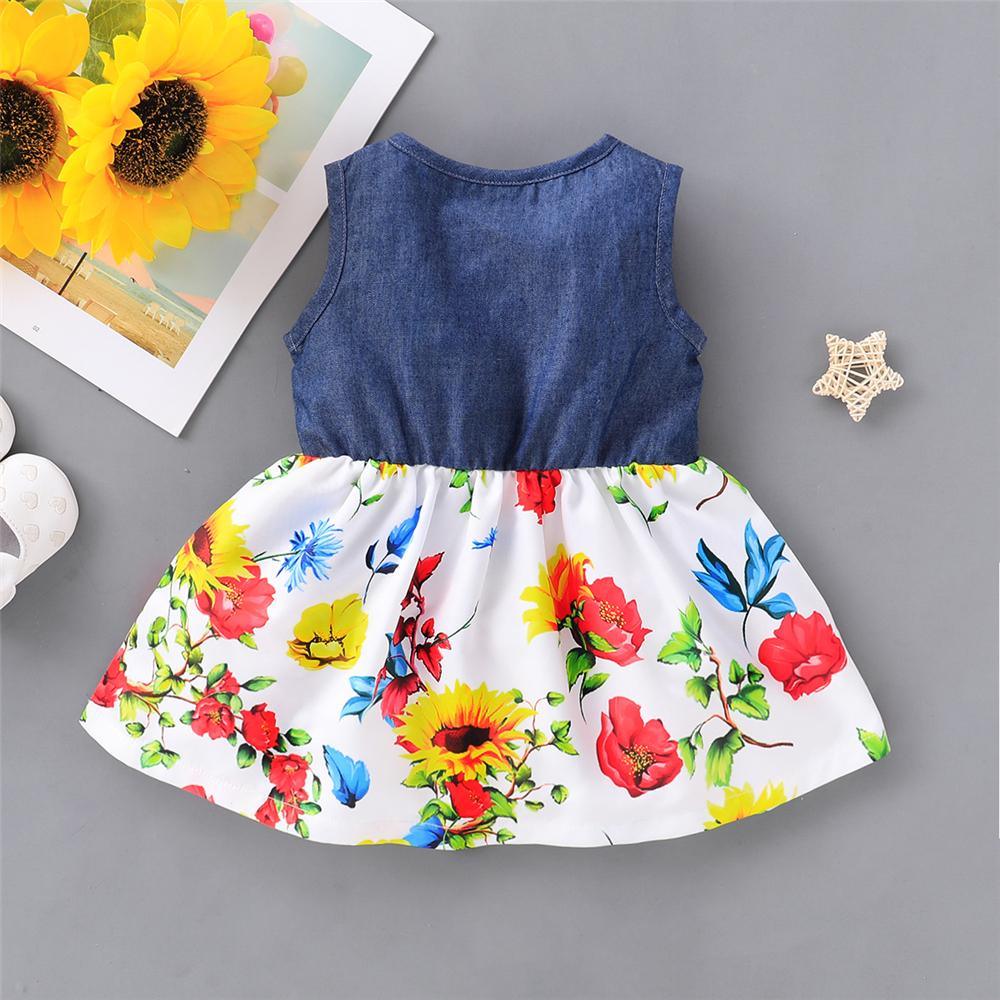 Girls Short Sleeve Sunflower Floral Printed Summer Dress Toddler Girls Wholesale - PrettyKid