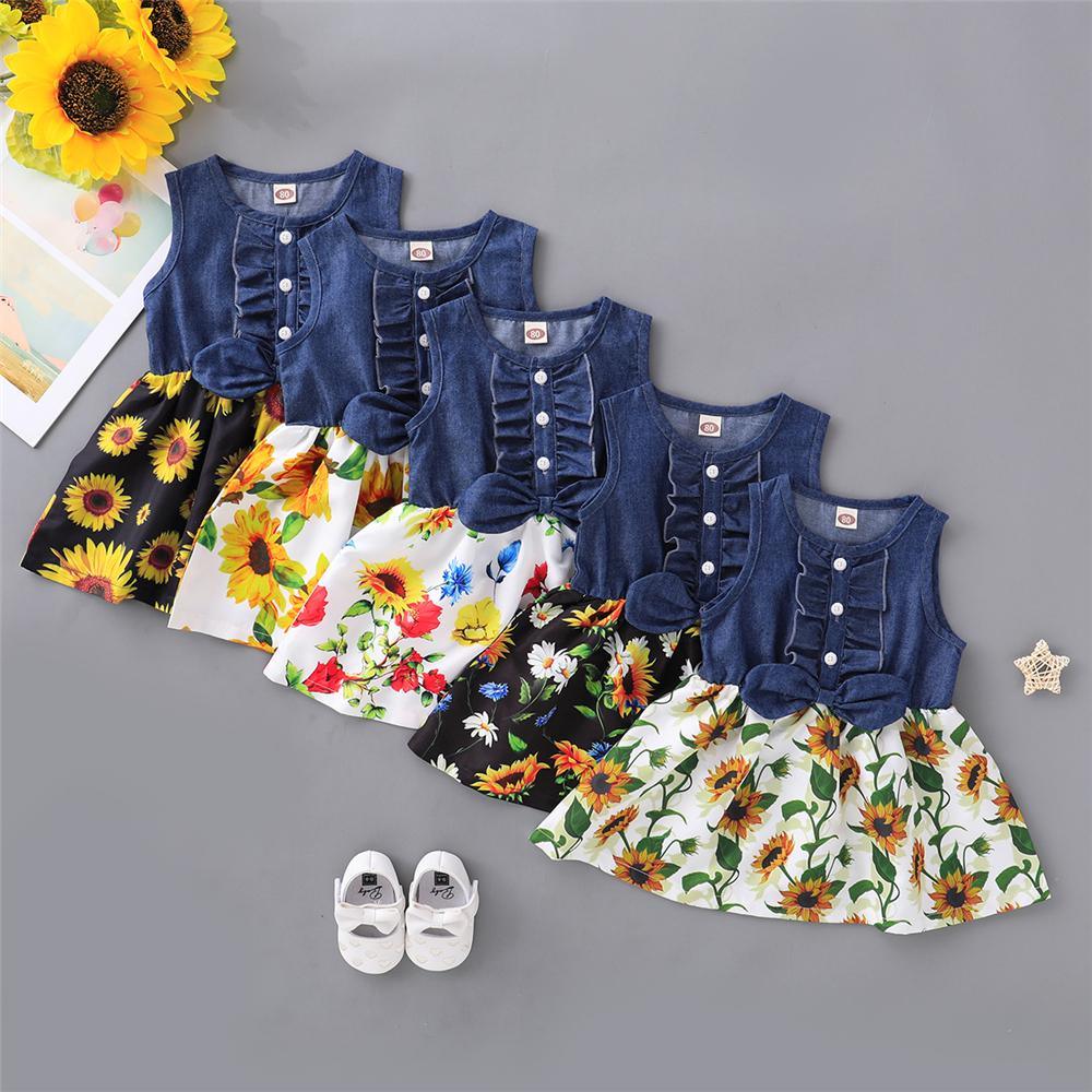 Girls Short Sleeve Sunflower Floral Printed Summer Dress Toddler Girls Wholesale - PrettyKid