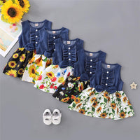 Girls Short Sleeve Sunflower Floral Printed Summer Dress Toddler Girls Wholesale - PrettyKid