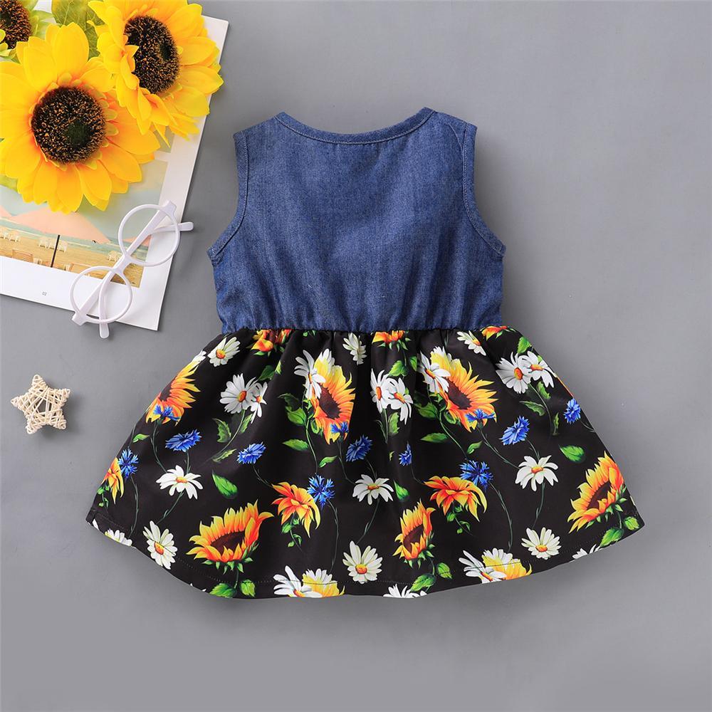 Girls Short Sleeve Sunflower Floral Printed Summer Dress Toddler Girls Wholesale - PrettyKid