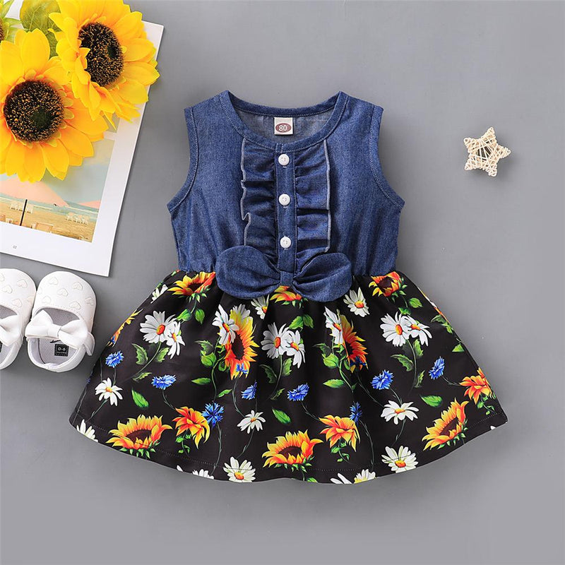 Girls Short Sleeve Sunflower Floral Printed Summer Dress Toddler Girls Wholesale - PrettyKid