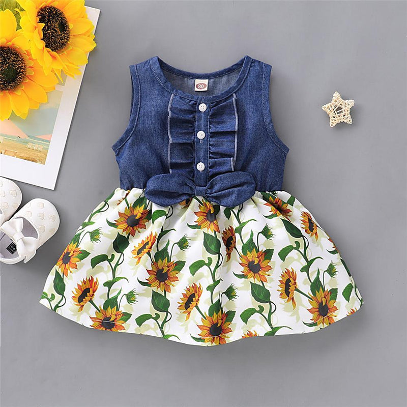 Girls Short Sleeve Sunflower Floral Printed Summer Dress Toddler Girls Wholesale - PrettyKid