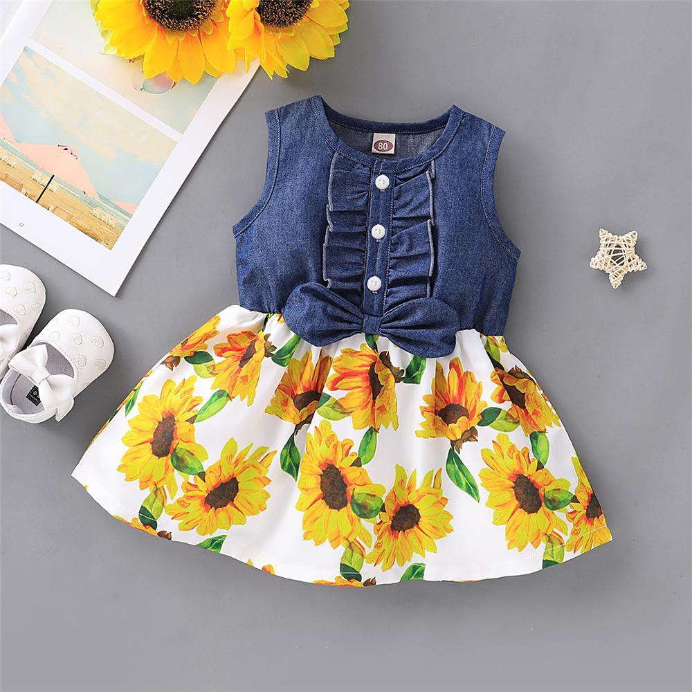 Girls Short Sleeve Sunflower Floral Printed Summer Dress Toddler Girls Wholesale - PrettyKid