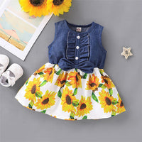 Girls Short Sleeve Sunflower Floral Printed Summer Dress Toddler Girls Wholesale - PrettyKid