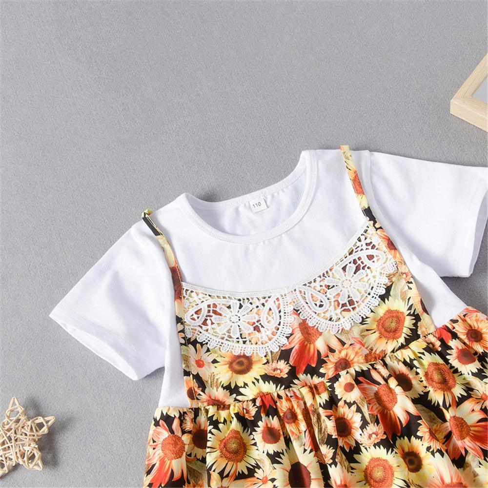 Girls Short Sleeve Sunflower Printed Splicing Dress Wholesale Little Girl clothes in bulk - PrettyKid