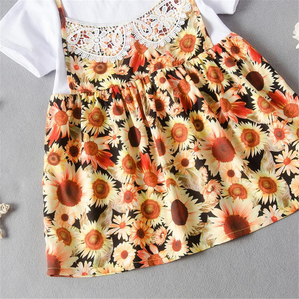 Girls Short Sleeve Sunflower Printed Splicing Dress Wholesale Little Girl clothes in bulk - PrettyKid