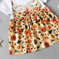 Girls Short Sleeve Sunflower Printed Splicing Dress Wholesale Little Girl clothes in bulk - PrettyKid