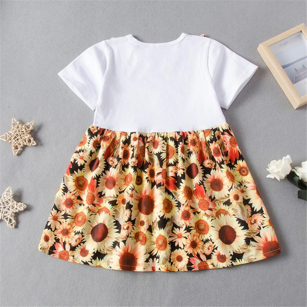 Girls Short Sleeve Sunflower Printed Splicing Dress Wholesale Little Girl clothes in bulk - PrettyKid