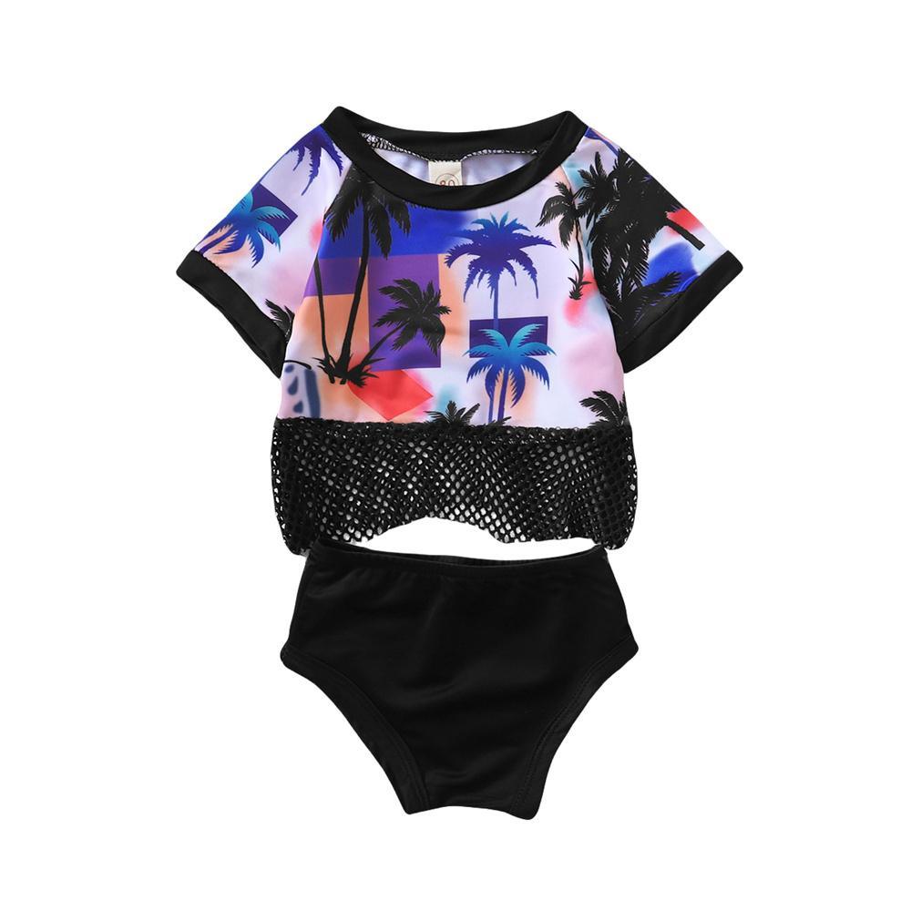 Toddler Girls Short Sleeve Tree Printed Grid Top & Shorts Toddler 2 Piece Swimsuitchildren's boutique suppliers - PrettyKid